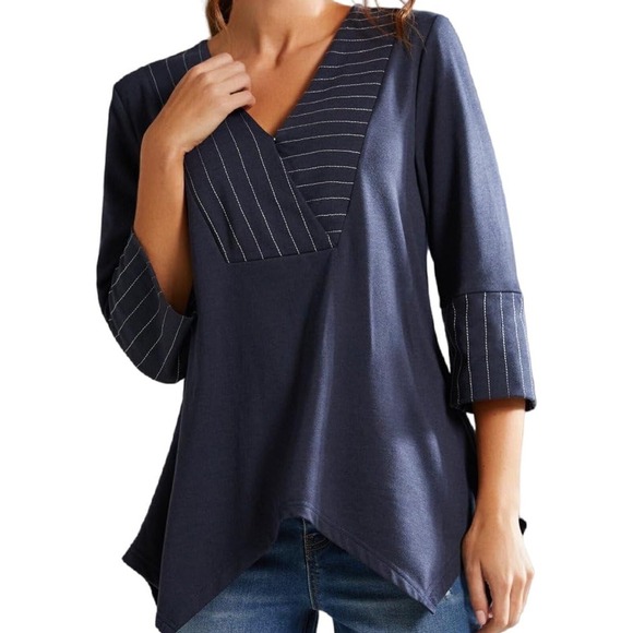 Simple by Suzanne Betro Navy Contrast Stitch Three Quarter Kimono Sleeve Tunic L - Picture 8 of 8